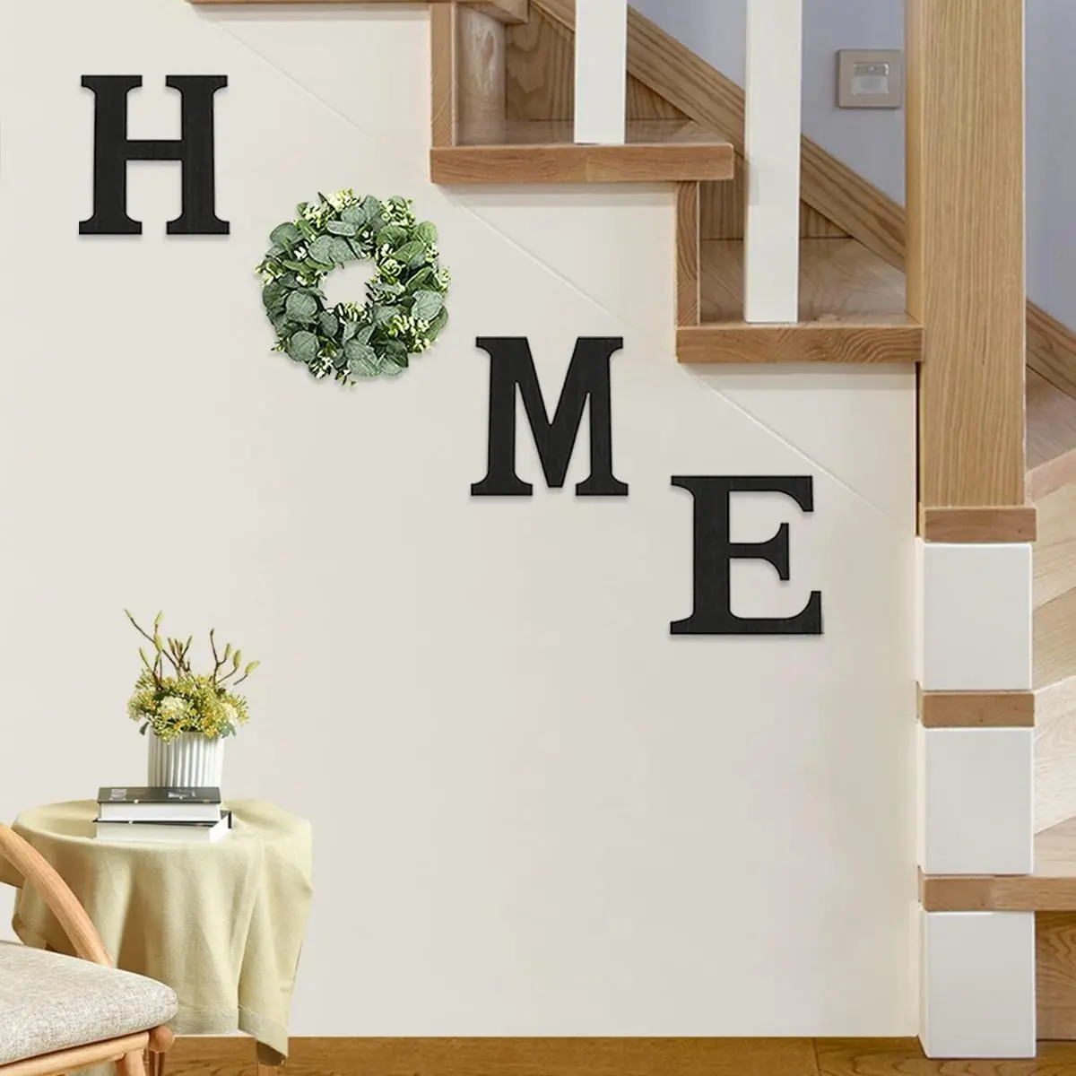 Farmhouse Wall Home Sign with Artificial Eucalyptus for O Rustic Wooden Hanging Letters Decorative Wall Art Decor for Living Room Kitchen Entryway Housewarming Gift, Black, Rustic Farmhouse Design