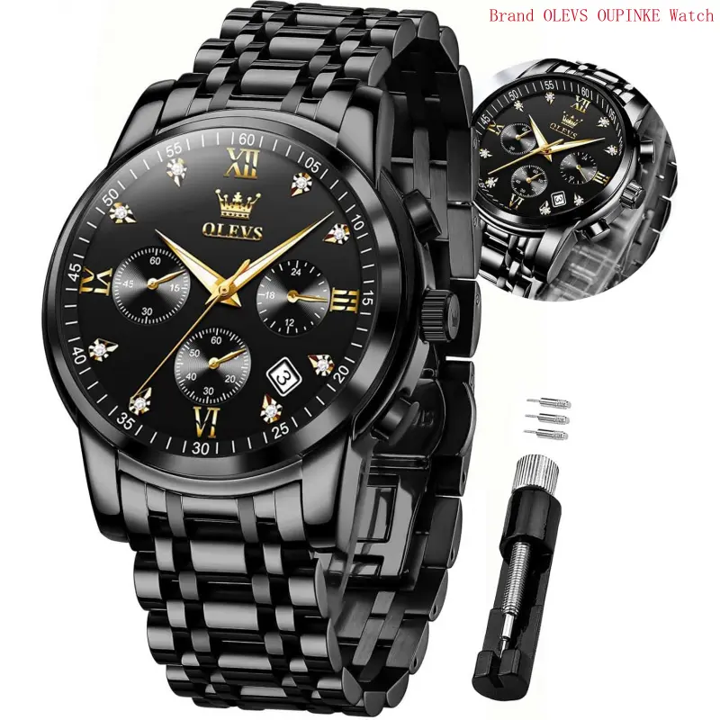 Brand OLEVS Mens Watches Luxury Business Stainless Steel Chronograph Moon Phase Waterproof Date Analog Quartz Dress Watches for Men,Silver/Blue/Black/Gold Dial