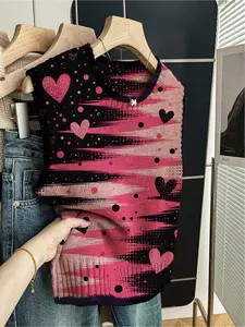 1 Piece Women's Loose Sleeveless Crew Neck Knit Top with Dark Blue Trim, Color Block & Heart Print, Graphic Print Cami, Spring & Summer Casual Style, Suitable for Daily Wear, Perfect for Valentine's Day