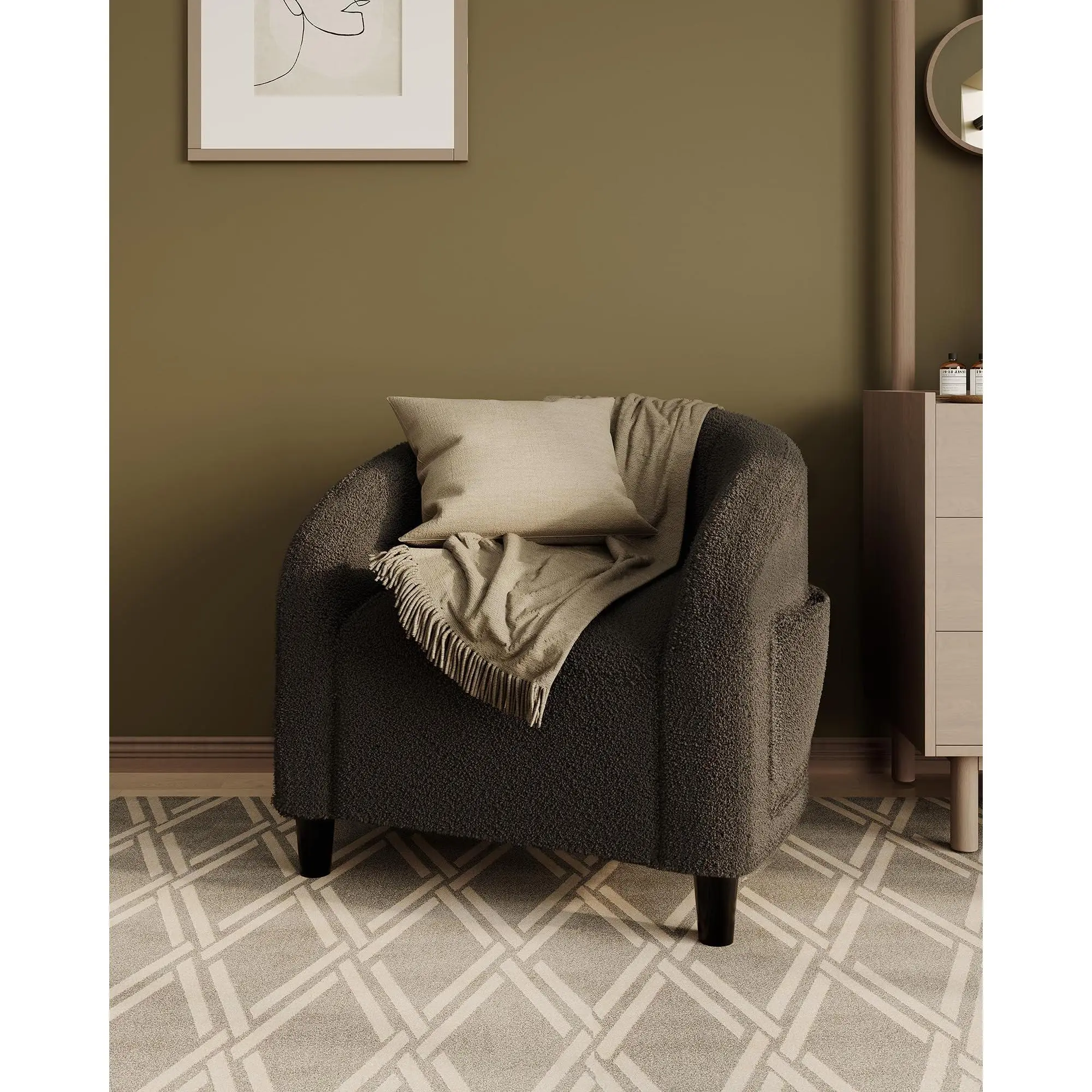 GARVEE Accent Barrel Chair Boucle Club Chair Furry Sherpa Armchair Suitable for Living Room Bedroom Reception Room Office(Dark Grey)