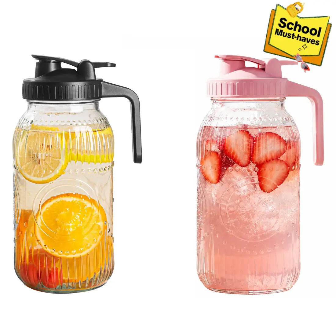 【Back to School】Vintage Half Gallon Mason Jar Pitcher Large 64 oz Wide Mouth with Lid - 2 Quart Airtight Glass Jug for Water, Juice, Milk, Tea, Iced Coffee and Drinks, Pots