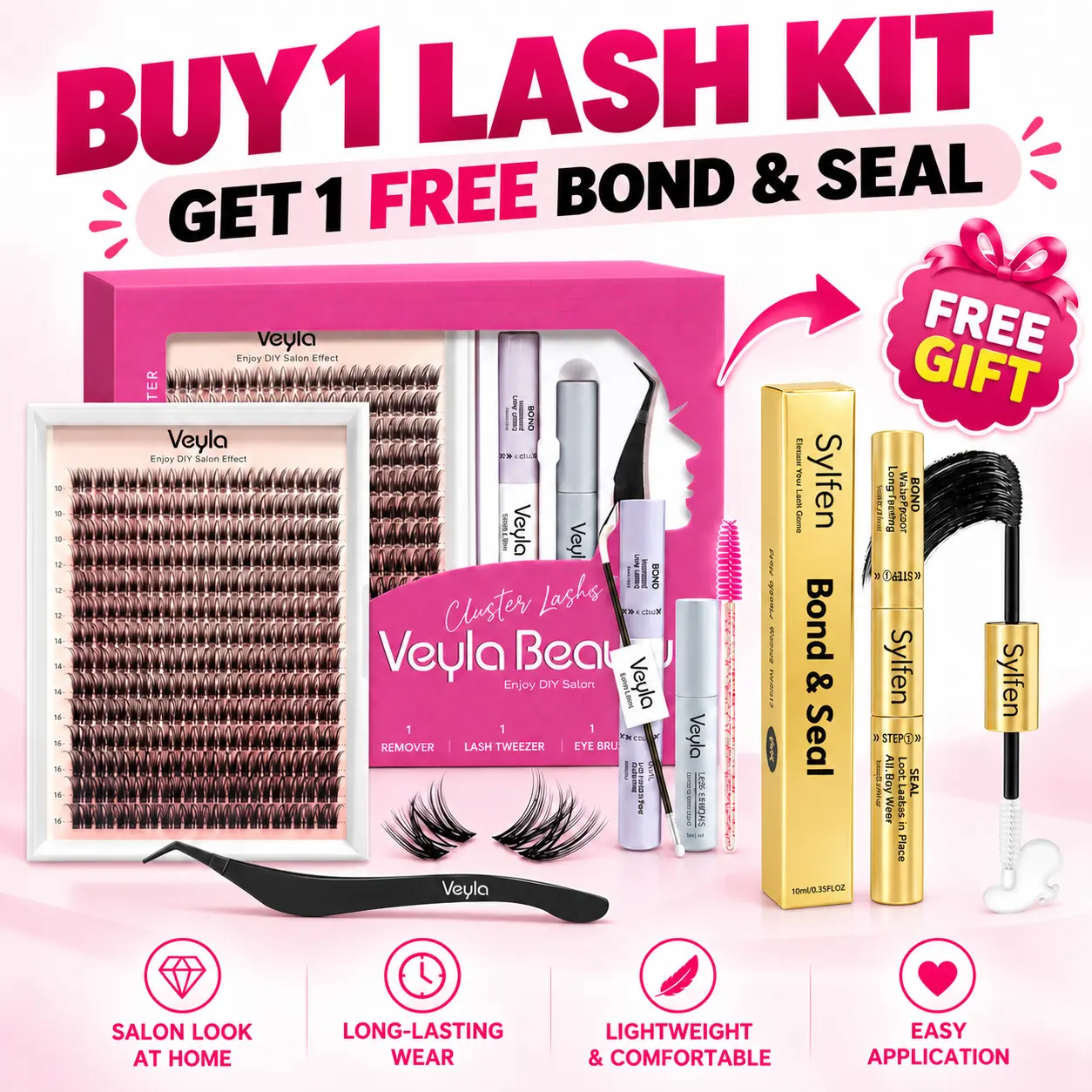 Veyla Lashes Waterproof DIY Lash Set - 10-16MM Mix Lengths Wispy Spiky Eyelashes Clusters Kit, Ultra-Thin Soft Band All-In-1 Artificial Eyelash Cluster & Adhesives Set with Bond, Seal, Remover, Tweezers for Adults, Salon Look, Cluster Lashes