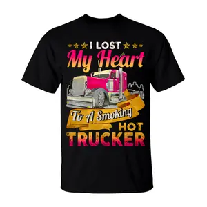 I Lost My Heart to a Smoking Hot Trucker T-Shirt, Funny Pink Semi Truck Graphic Tee for Trucker Wives & Girlfriends, Cute Diesel Mechanic Love Shirt, Gift for Truck Lovers