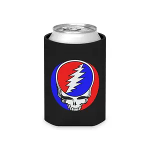 Dancing Bears Lightning Skull Can Cooler – Retro Red Blue Circle Graphic Koozie, Vintage Rock Style Drink Sleeve