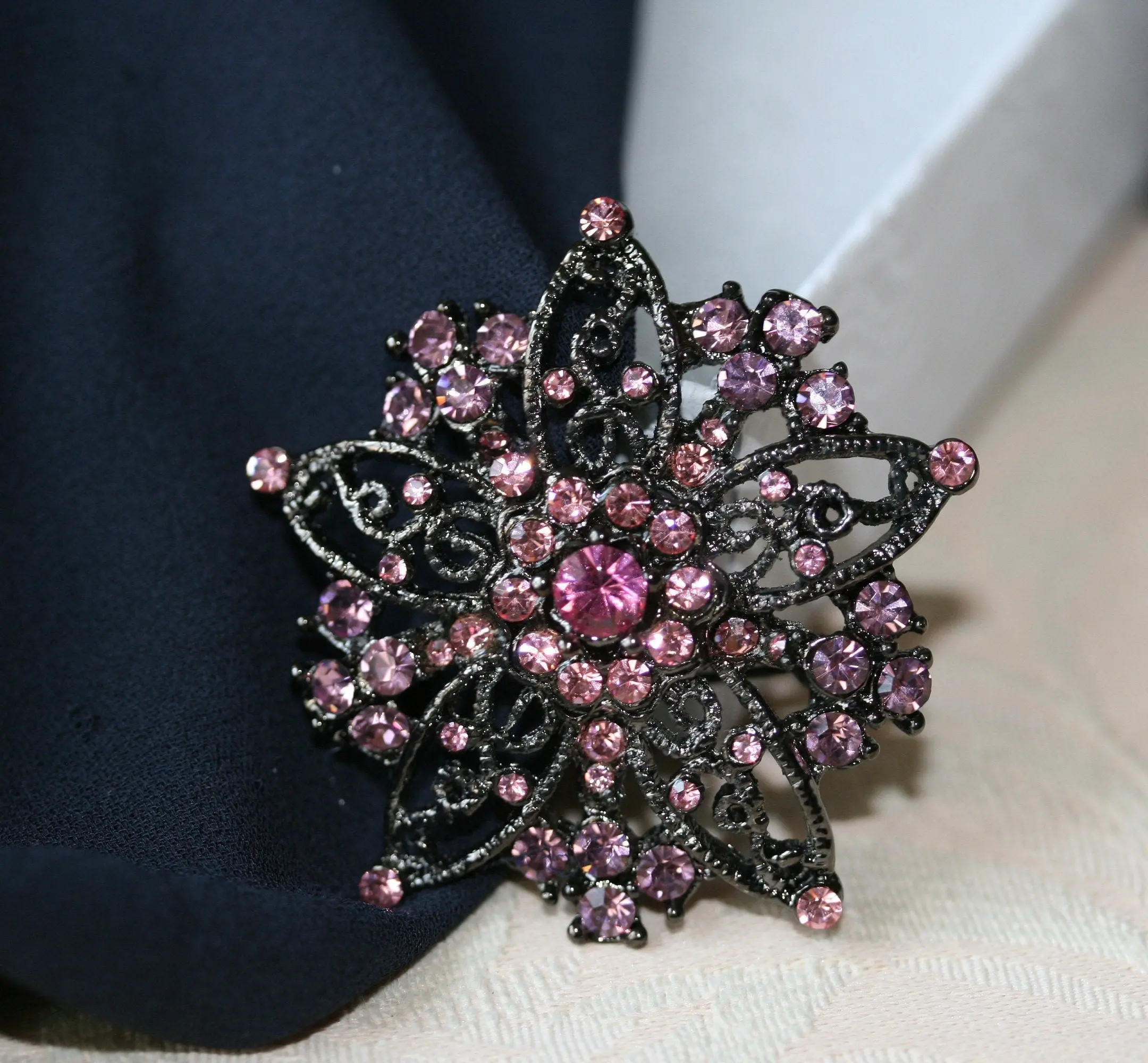 Women's Vintage Pink Floral Brooch - Black Metal Base, Crystal Rhinestones, Fashion Bling Collar Lapel Decor, 1.75in Diameter Jewelry for Women Clothes Accessory