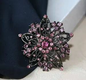 Vintage Rhinestone Pink Flower Brooch On Black Metal Crystal Pink Flower Lapel Pin,