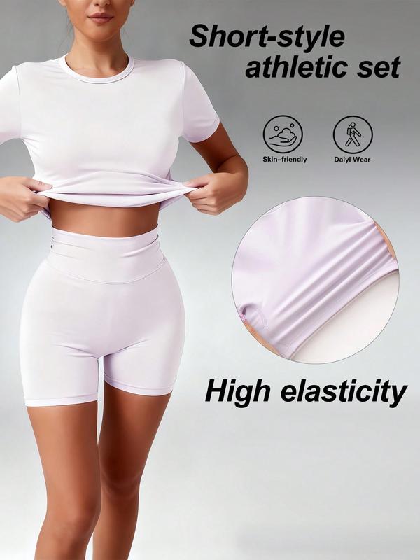 2 Piece Set Of Women's Solid Color Round Neck T-Shirt, High Waisted Cycling Shorts Sports Suit, Tight Short