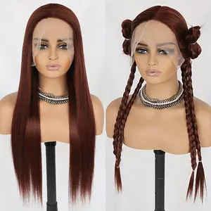 26 Inch Auburn Brown Lace Front Wig for Women Long Straight Hair Replacement Wigs Pre Plucked Synthetic Frontal Lace Wigs Glueless Heat Resistant Fiber Soft Hair for Daily Party Use