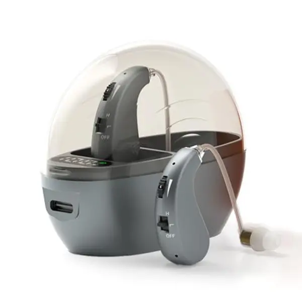 Omhealth Hearingaids  OTC Rechargeable Hearing Aids for Seniors, Digital Sound Amplifiers Pair with LED Display Charging Case, 4 Volume Levels & Noise Cancelling, Grey