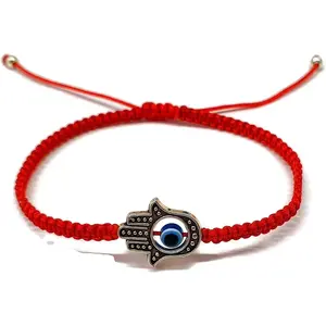 by Dalia - Macrame Red String Bracelet for Luck - Blue Turkish Eye with Fatima Hand Hamsa