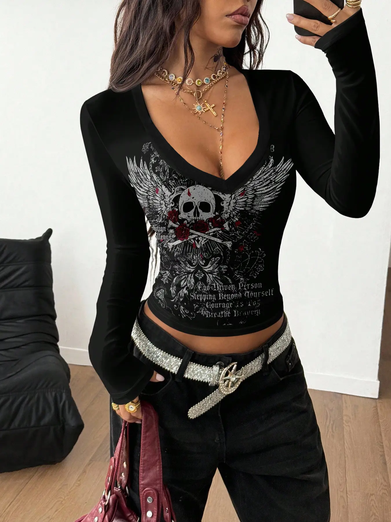 Women's Streetwear Hip Hop Rap Dance Motorcycle School Youth Fashion Casual Trendy Sports Letter English Wings Skull Design Motor Cycle Shirt Biker T Shirt