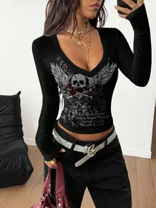 Women's Streetwear Hip Hop Rap Dance Motorbike School Youth Fashion Casual Sportswear Trendy Sports Wings Skull Pattern Vibrant Graphics All over Print Long Sleeve Coverage