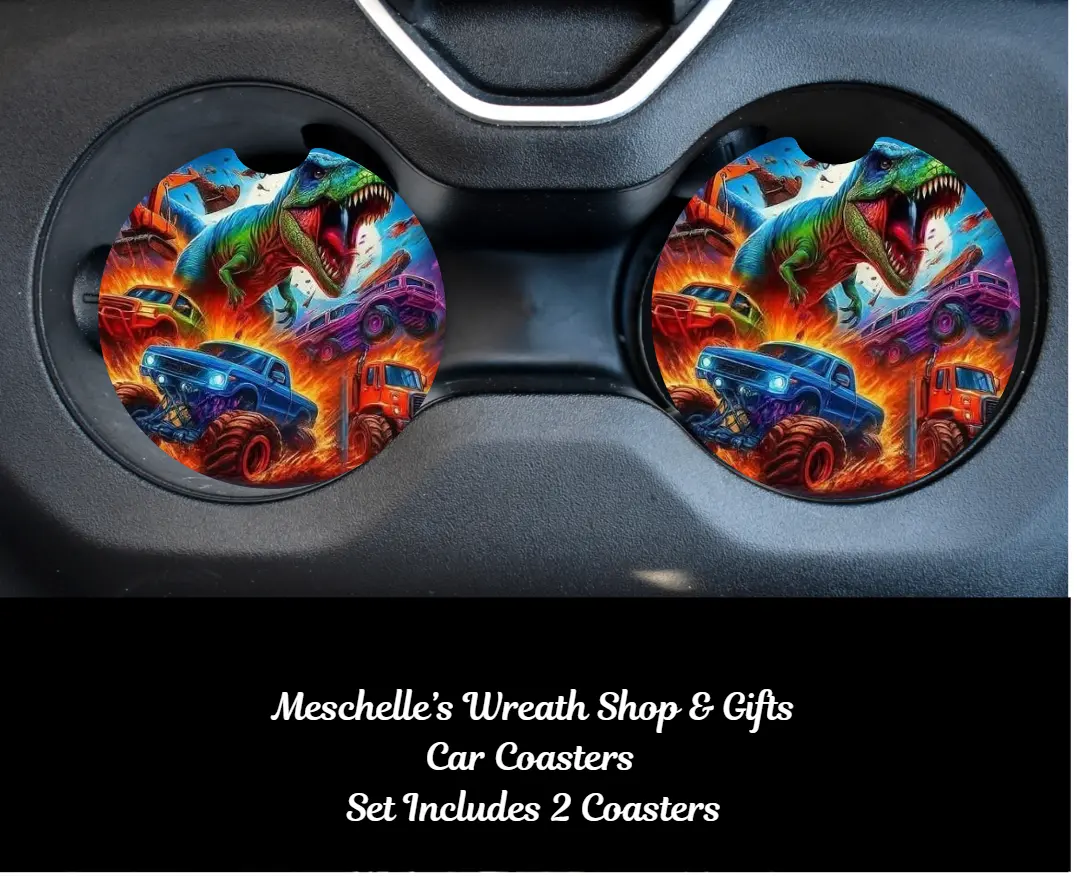 Dinosaur-Themed Car Coasters, 2.75-In & 2.6x0.24-In Neoprene/Ceramic Automotive Interior Decor Accessories, Handcrafted Design, Easy-to-Clean, Fits Most Vehicles, Cup Protection for Daily Commute