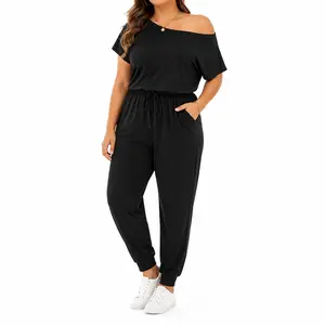 Women’s Plus Size Off Shoulder Jumpsuit, Elastic Waist Drawstring Jogger Romper with Pockets, Stretchy Casual Summer Lounge Travel Outfit S-XXXL