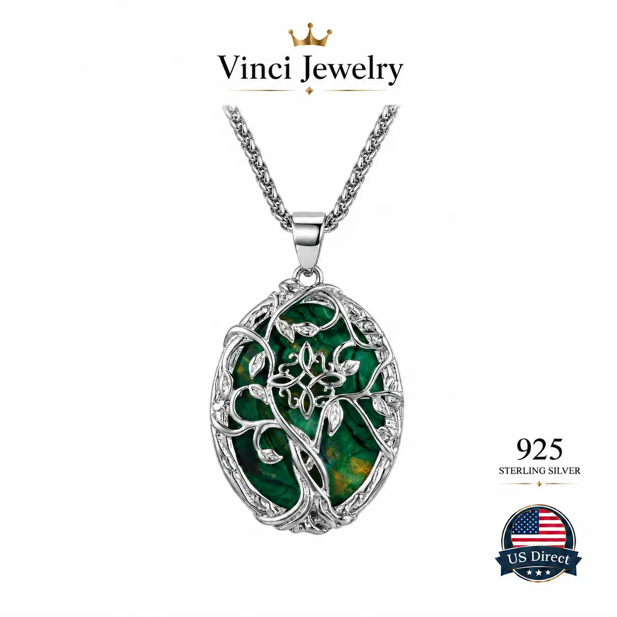 925 sterling silver Natural Green Stone Tree of Life Pendant Necklace Sterling Silver Oval Celtic Vine Jewelry Gift for Women Vintage Nature Inspired Crystal Necklace for Everyday Wear Anniversary Birthday Mother's Day Elegant Boho Spiritual Healing Style