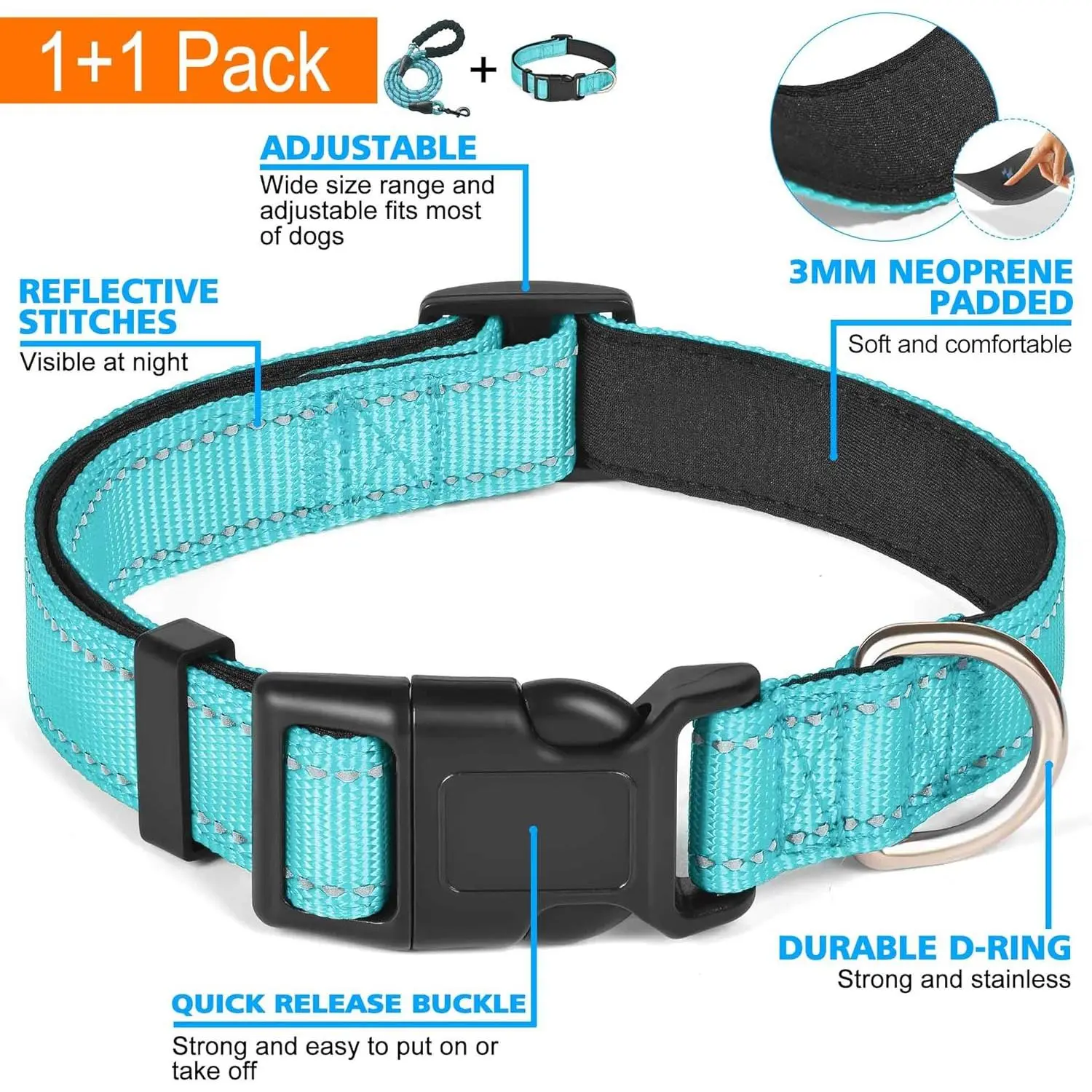 Reflective Dog Collar Padded with Soft Neoprene Breathable Adjustable Nylon Dog Collars for Small Medium Large Dogs (Medium (Pack of 1), Blue Collar+Leash) Reflective Dog Collar Padded with Soft Neoprene Breathable Adjustable Nylon Dog Collars for Small Medium Large Dogs (Medium (Pack of 1), Blue Collar+Leash)