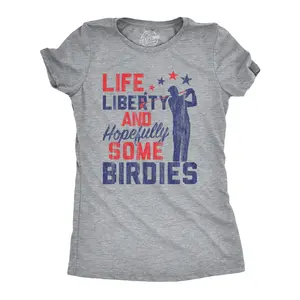 Womens Life Liberty Hopefully Some Birdies T Shirt Funny Golf Tee Cool USA Golfing Gift Funny Womens T Shirts Cute Vintage Fashion Casual Ladies T-Shirt Gift Patriotic Tops for Women Funny Golf Top Women's Light Grey