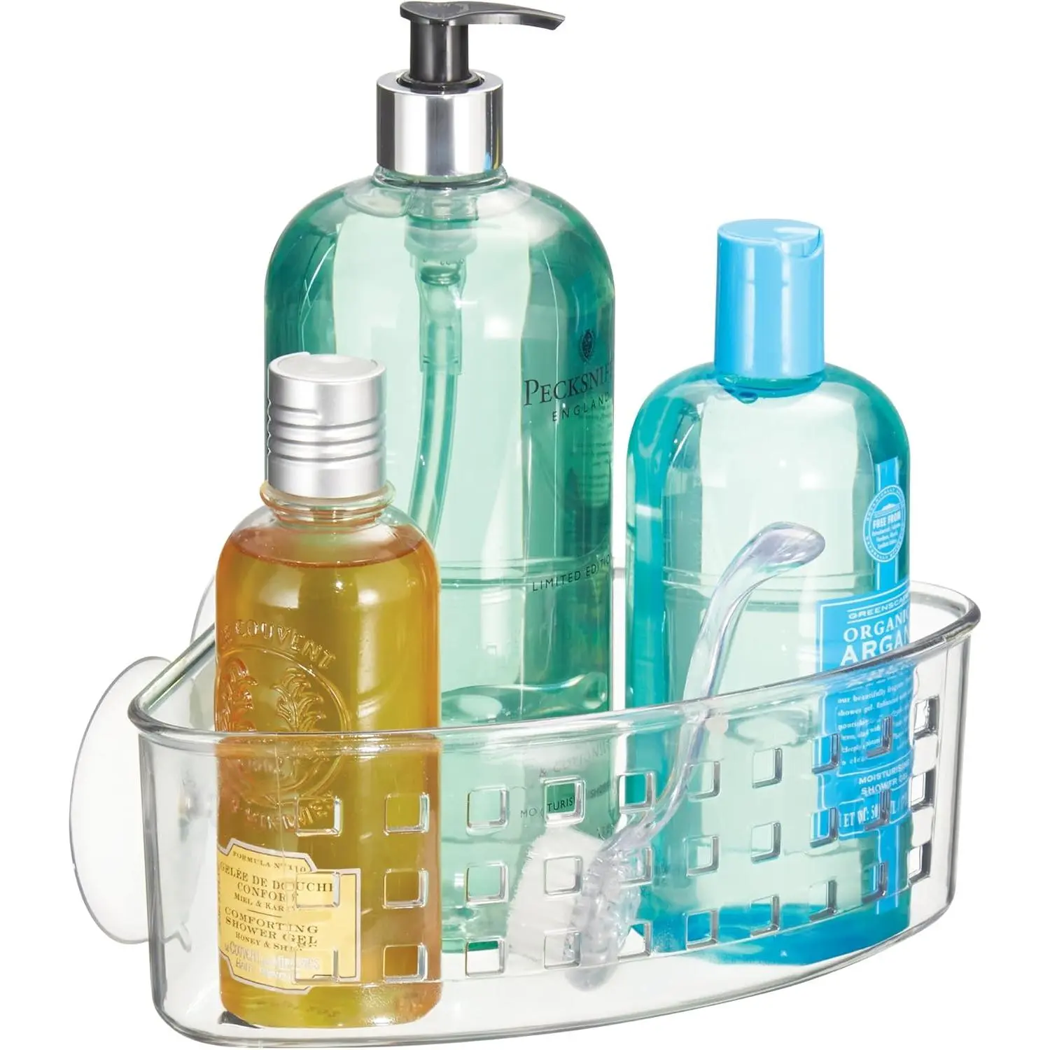 Plastic Suction Cup Corner Shower Basket for Bathroom Storage - Clear - Made in USA