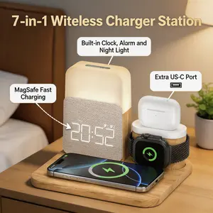 7-in-1 Magnetic Wireless Charger Station with Digital Clock, Alarm Clock & Night Light, MagSafe Charging Dock for iPhone, Apple Watch & AirPods, Extra USB-C Port Included