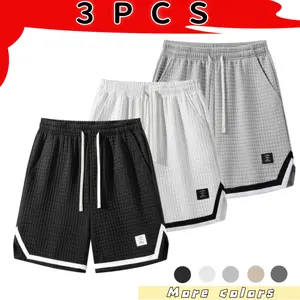 3-pack men’s waffle-texture basketball-style casual shorts—breathable for summer, skin-friendly, distinctive design, loose straight fit that flatters any body type; versatile mid-length shorts for sports, everyday wear, and outings. Quick-Dry  Athletic