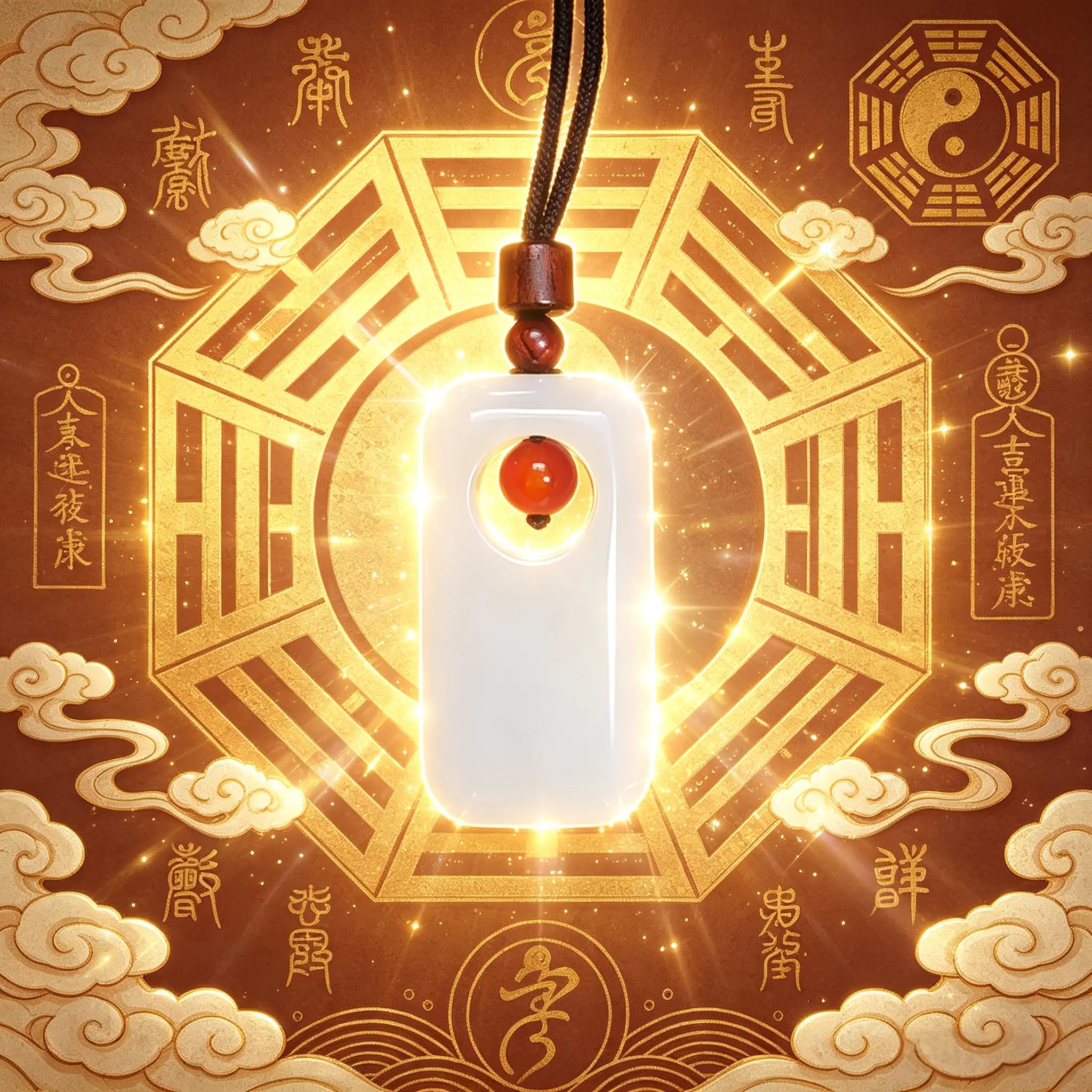 White Polished Gem Pendant Necklace With Red Ornament Detail, Oriental Vintage Accessory