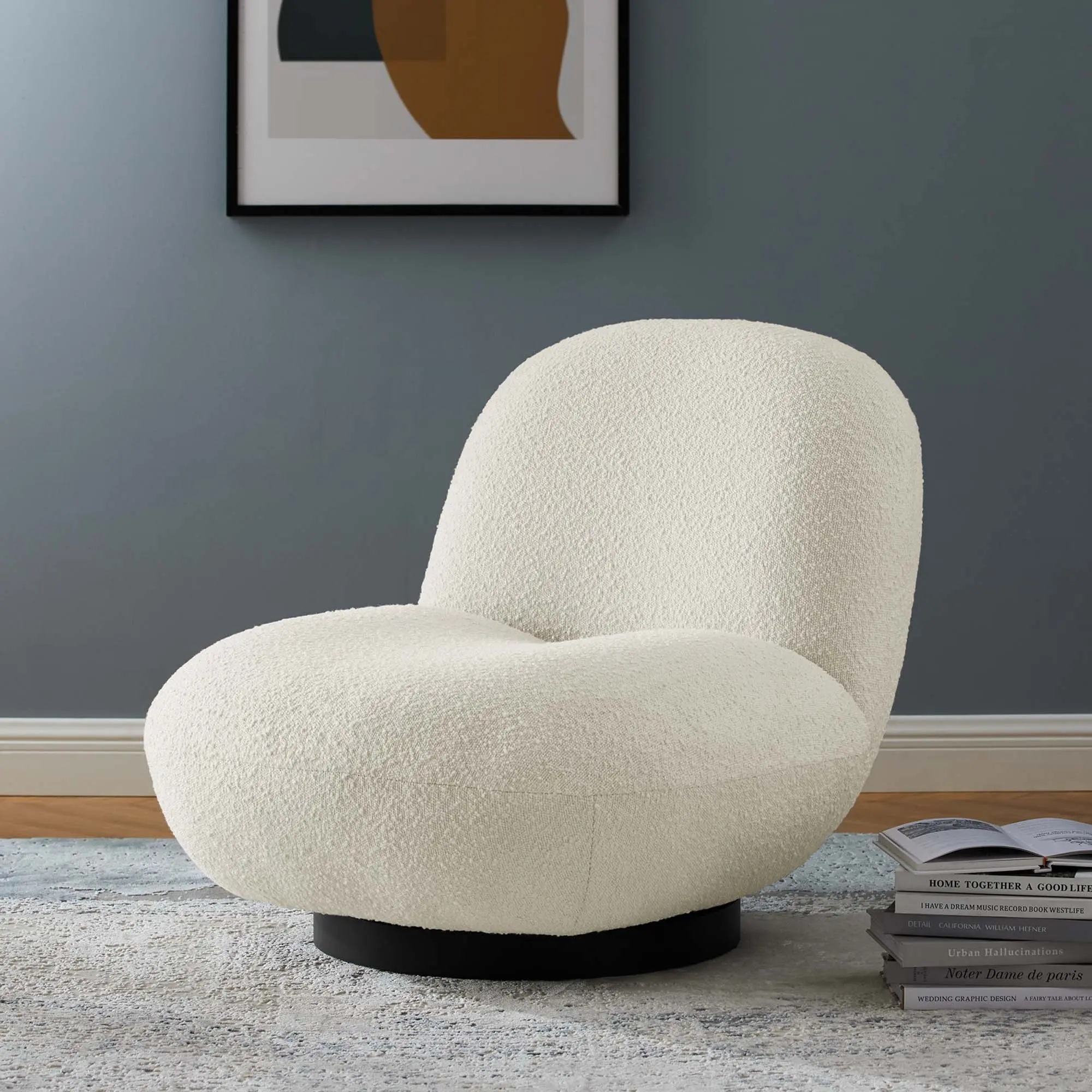 Modway Kindred Boucle Upholstered Fabric Swivel Accent Chair, Black Ivory Boucle Upholstered Chair, Boucle Upholstered Chairs