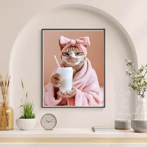 Funny Cat Spa Day Wall Art Set - 1pc Major Material: Other - Playful Cat with Milk Tea Face Mask Canvas Print, Unique Gift for Pet Lovers, Vet Clinic Decor, Humorous Bathroom Artwork, Creative Home Bedroom Kitchen Living Room Cafe Office Toilet Wall Decor