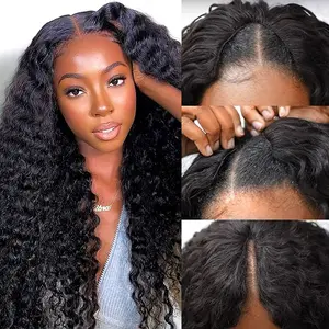 [V Part Wig] Bling Hair 28 30 Inch  Deep Wave V Part Human Hair Wig No Sew In No Glue Natural Color 180 Density Curly Drawstring Glueless Wig For Black Women