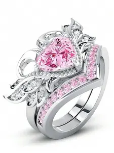 2pcs/Set Couple Cubic Zirconia Heart Decor Ring Valentines