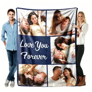Personalized Couple Blanket Lightweight Air Conditioning, Grid Photo Collage With Love You Forever Flannel Throw, Birthday Valentine's Gift For Girlfriend Boyfriend