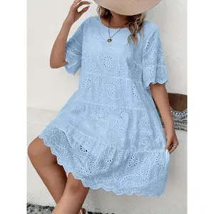 [Plus Size Lace Dress - Spring] Elegant Plus Size Lace-Trimmed Dress with Eyelet Embroidery - Round Neck, Short Sleeve, Mesh Fabric - Perfect for Spring & Summer