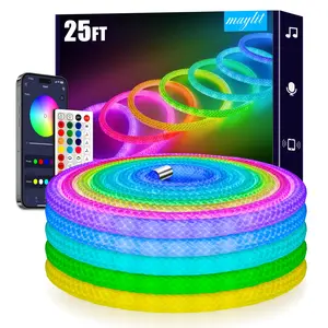 Maylit 25ft Addressable ICRGB LED Strip Lights 360-Degree Luminous Reticulate Weave Rope Lights Music Sync USB-Powered Flexible for Gaming Room Living Room Bedroom Wall Decor