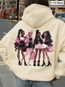 Girls' Versatile Spring Autumn Winter Top, Teenage Sports Wear, Stylish Geometric Cartoon Print Hoodie, Fitted Long Sleeve Sweatshirt 1pc Girl Fashion Cartoon Girl Pattern Hoodie, Eye - Catching, School Activity Style, Casual