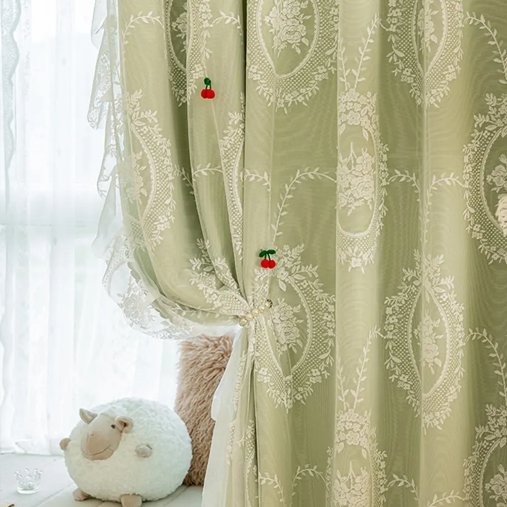 1pc Forest Rococo 2-in-1 Sheer & Blackout Curtain - Light Green Embroidered Sheer + Ruffle + Full Blackout Liner, Grommet Top Fits Multi-Rods, Matches Forest Decor, Creates Natural Palace Vibe