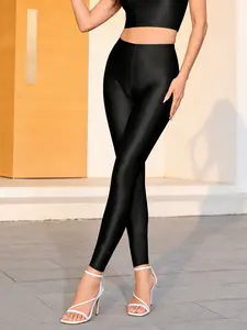 Women's Spring Summer Thin Micro-Transparent Polyester Shiny Tight-Fitting Leggings, Sports Yoga Nine-Tenths Pants, Ladies Workout Athleisure Style Bottoms