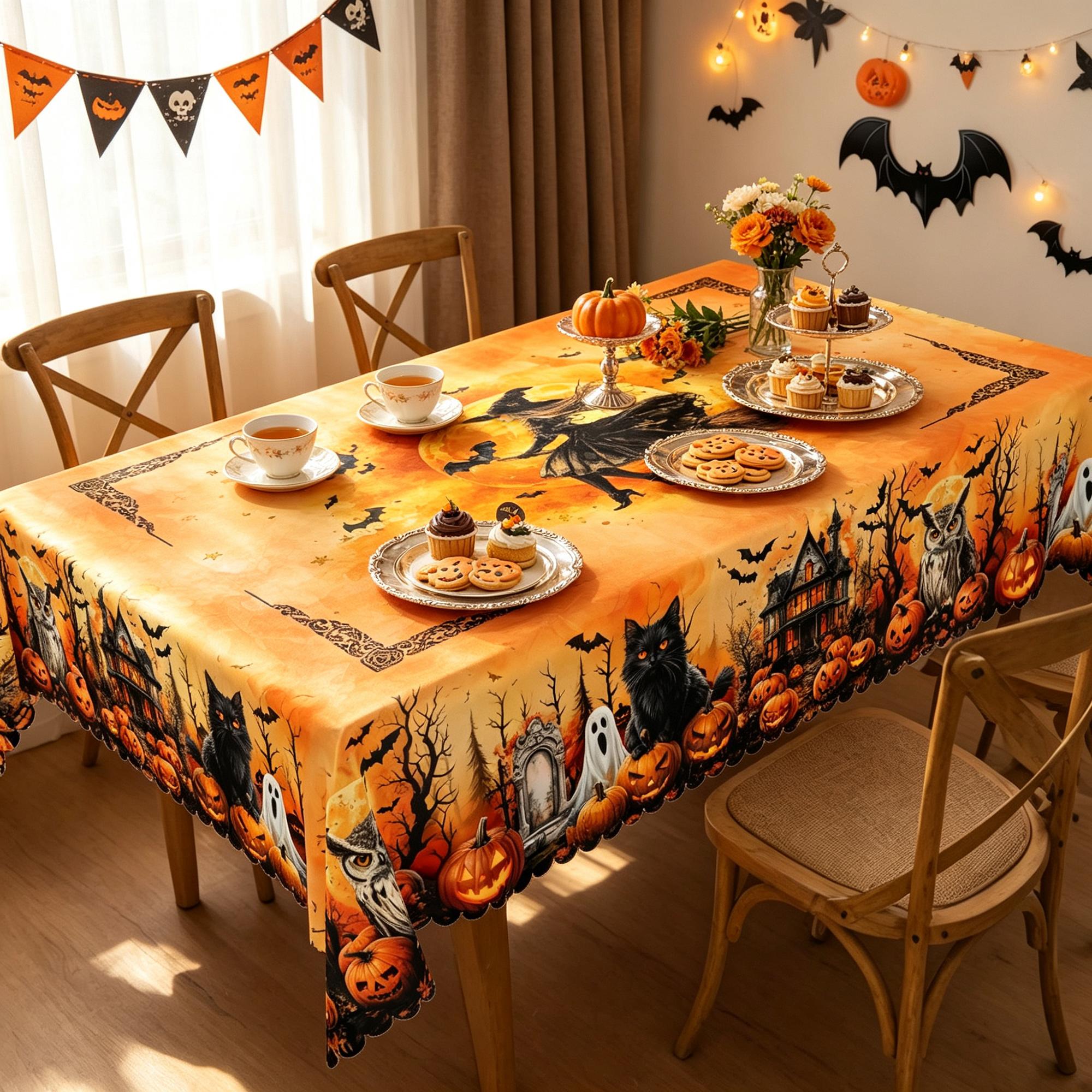 BOOPBEEP Halloween Printed Tablecloth - Vintage Farmhouse Style, Pumpkin & Black Cat Patterns, Rectangular/Round Dining/Kitchen Cover, Nostalgic Halloween Decor, Brunches Indoors Use, Holiday Gift, Pumpkin Ghost Pattern Kitchen Linen Sets, Decoration, Ind