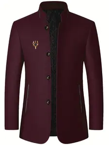 Men's casual formal style lambskin jacket - stand-up collar single-breasted side pocket jacket, semi-formal office occasions and daily wear in autumn and winter - polyester fiber lining for cold resistance and warmth, texture fabric design