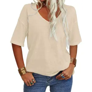 Women Fashion V-Neck Half Sleeves Oversized T Shirt Solid Casual Loose Basic Tops