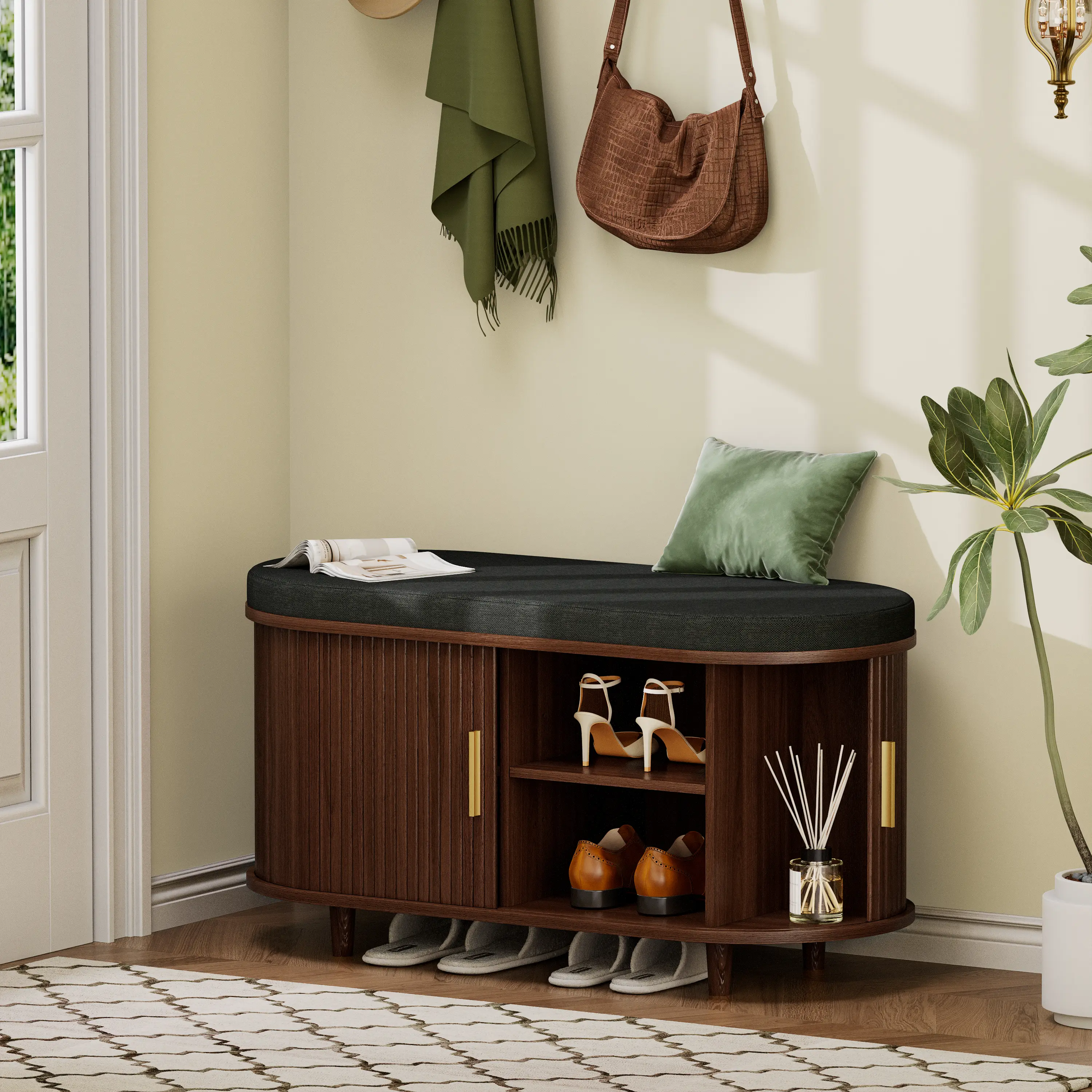【Sliding Doors】DHH Fluted Shoe Storage Bench with Cushioned Seat and Adjustable Shelves, 35.4/43.3/51.2-Inch Entryway Shoe Cabinet campingessentials