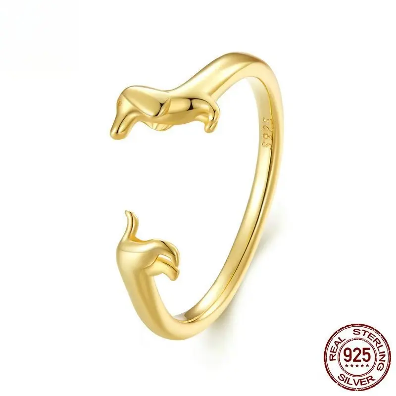 925 Sterling Silver Dachshund Open Adjustable Ring For Women, Cute 3D Wiener Dog Animal Open Cuff Band, Lovely Pet Puppy Statement Jewelry Gift For Dachshund Lovers