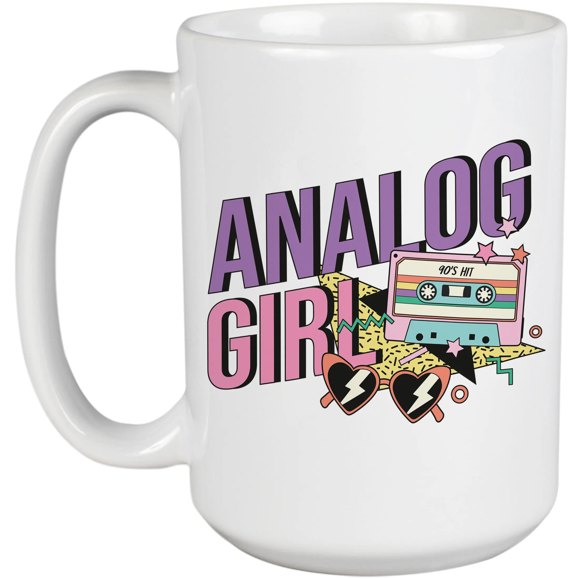 Analog Girl with Retro 90s Hit Cassette Tape or Millennial Art Merch Gift, White 15oz Ceramic Mug