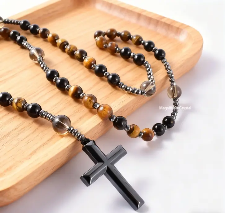 Minimalist Tiger Eye Rosary Bead Necklace - 8mm Polished Stones, 30in Spiritual Wear with Hematite Cross, Black Obsidian Beads, Daily Catholic Jewelry for Men & Women, Strength