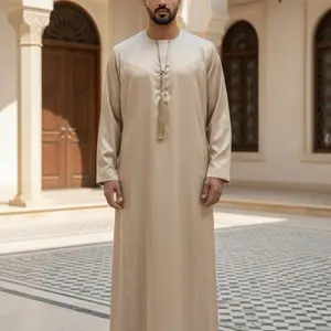 Men's Emirati Bone Traditional Long Sleeve Robe with Tassel Detail for Formal Wear Beige