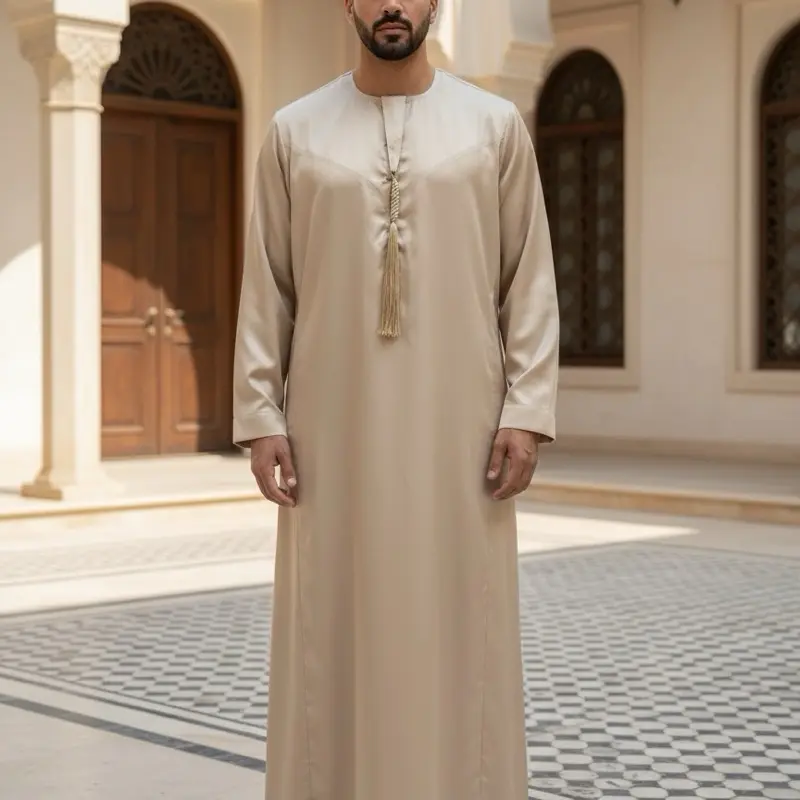 Men's Emirati Bone Traditional Long Sleeve Robe with Tassel Detail for Formal Wear Beige