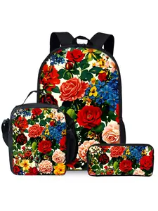 Vintage Flower Print Backpack Set, including lunch bag, pencil case and shoulder bag