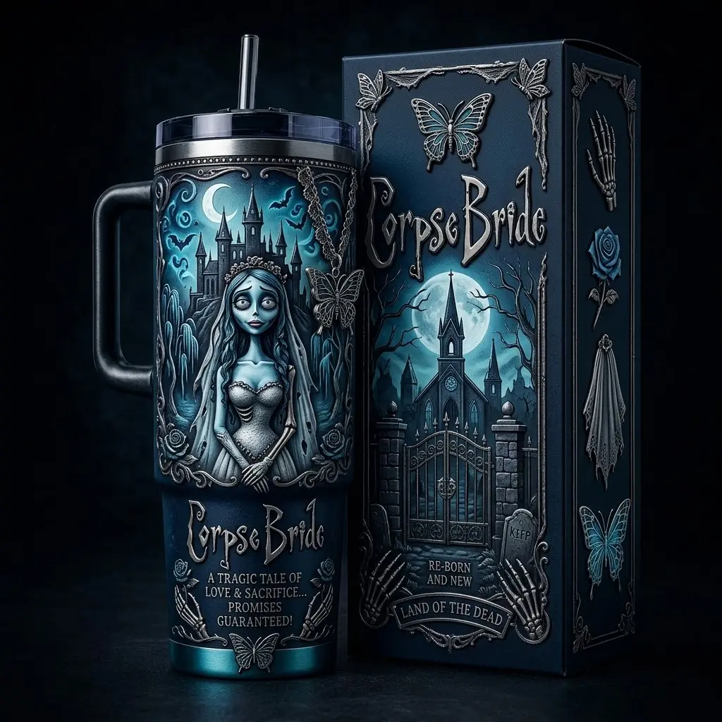 Corpse Bride Halloween 40oz Premium Stainless Steel Tumbler With Handle , Corpse Bride Inspired Design, Insulated Travel Mug, Halloween Gift for Horror, Halloween Collector Tumbler, Spooky Season Drinkware