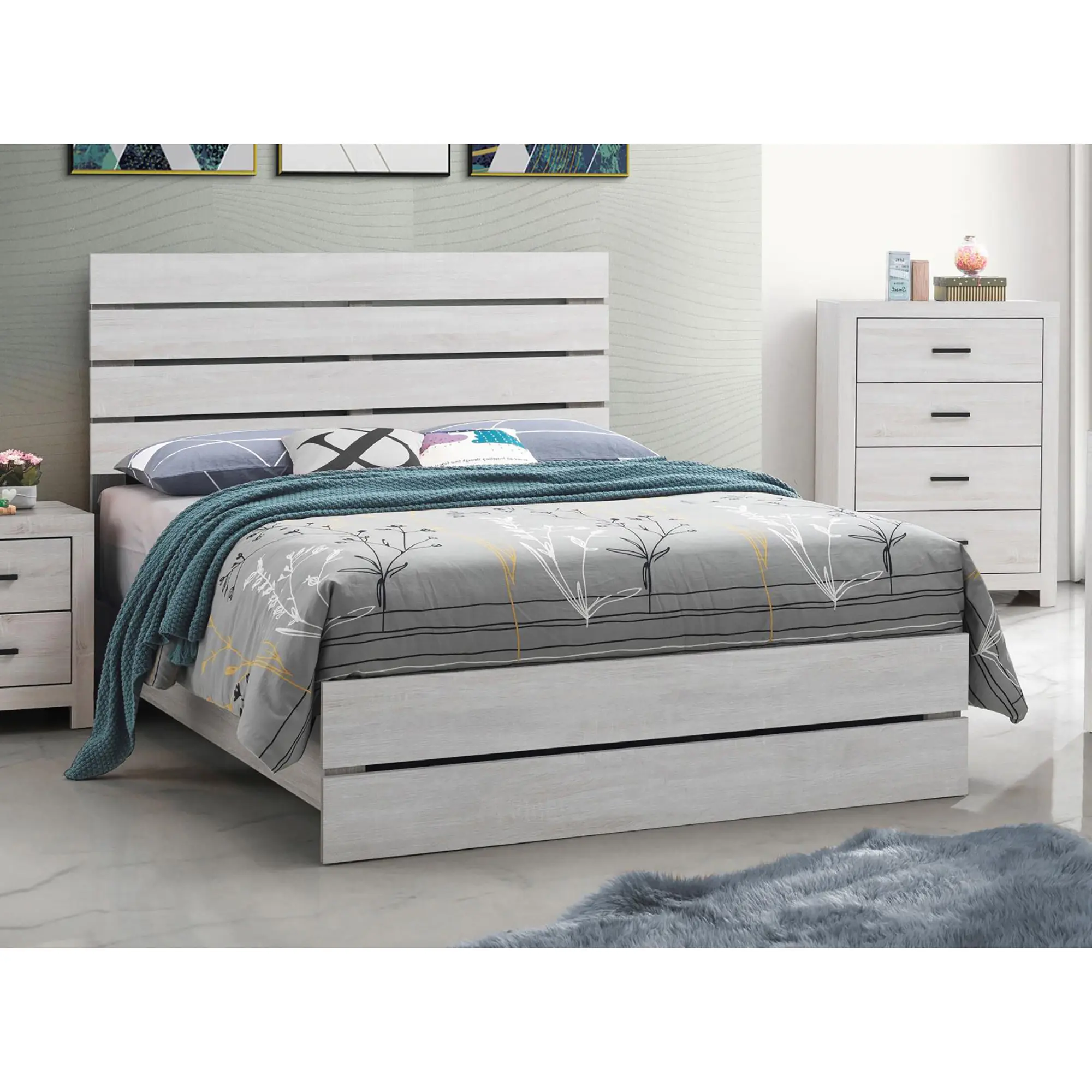 Dreamzon Queen Platform Bed with Coastal White Slatted Wooden Headboard - Farmhouse-Modern Design, 3D Paper Veneer, Slatted Frame, Plank Style, 52.25 Inches High
