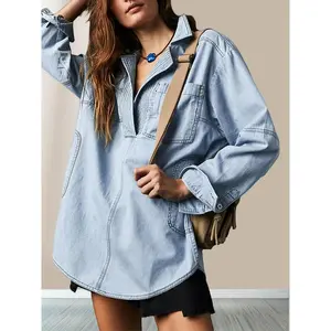 Women's Denim Pullover Leisure Button V-neck Shirt Loose Design Long Sleeve Denim Jacket with Pockets