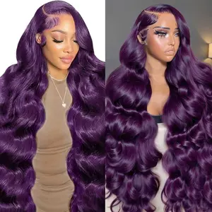 HAHA 13x6 Purple Human Hair Wig Lace Front Dark Purple Glueless Wig Body Wave Transparent HD Lace Frontal Wigs Pre Plucked 150% Density Colored Summervibes