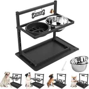Elevated Dog Bowls with Slow Feeder, Raised Dog Bowl for Large Dogs Adjusable Height with 2 Stainless Steel Dog Food Bowls Spill Proof Mat, Dog Bowls for Large Medium Dogs